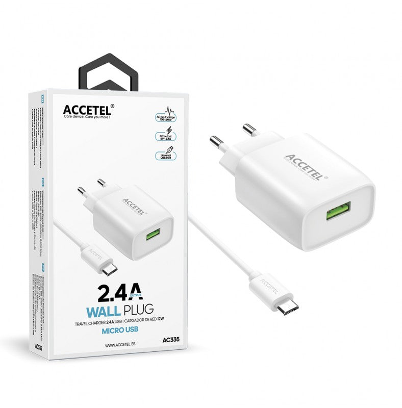 AC335 Cargador de Pared USB 2.4A con Cable MicroUSB (1 m)
