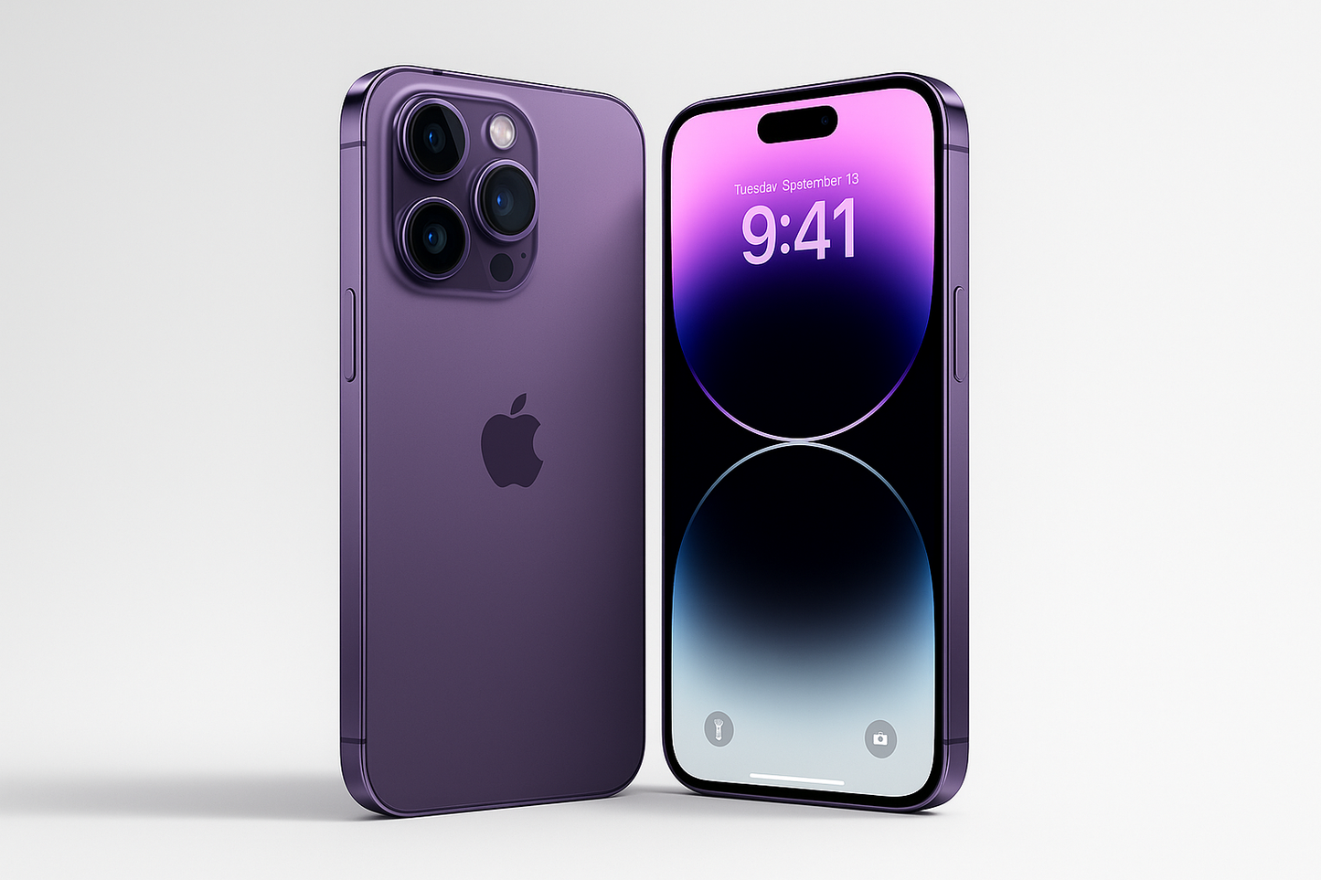 DOS IPHONE 14 PRO MAX LILA, UNO QUE SE VEA LA PARTE DE ATRAS Y EL OTRO LA PANTALLA