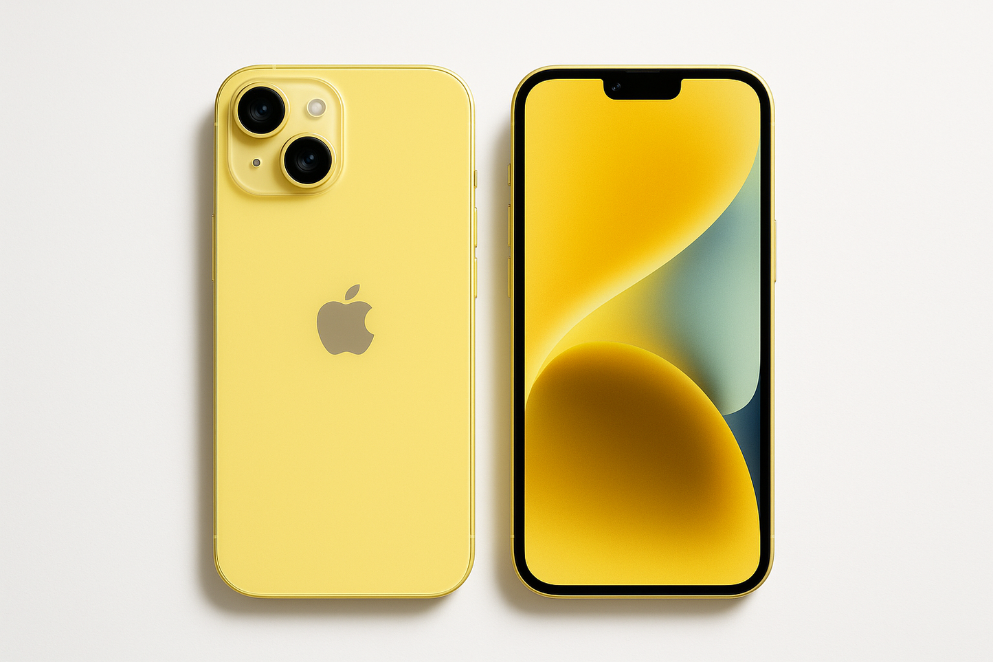 DOS IPHONE 15 AMARILLOS, UNO DE FRENTE Y EL OTR DE ESPALDA