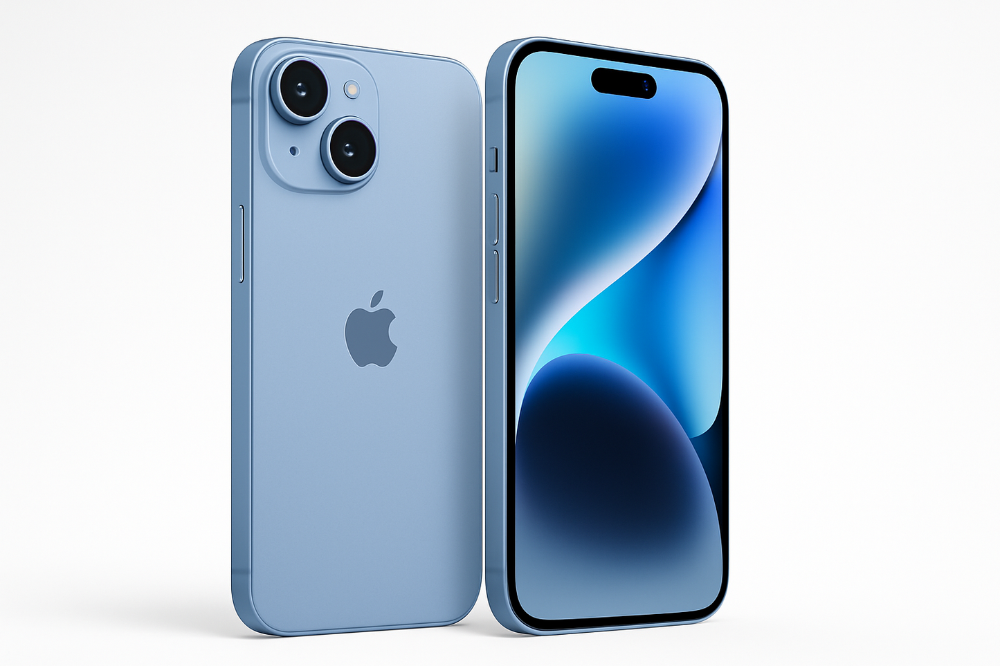 DOS IPHONE 15 AZUL UNO DE FRENTE Y OTRO DE ESPALDA