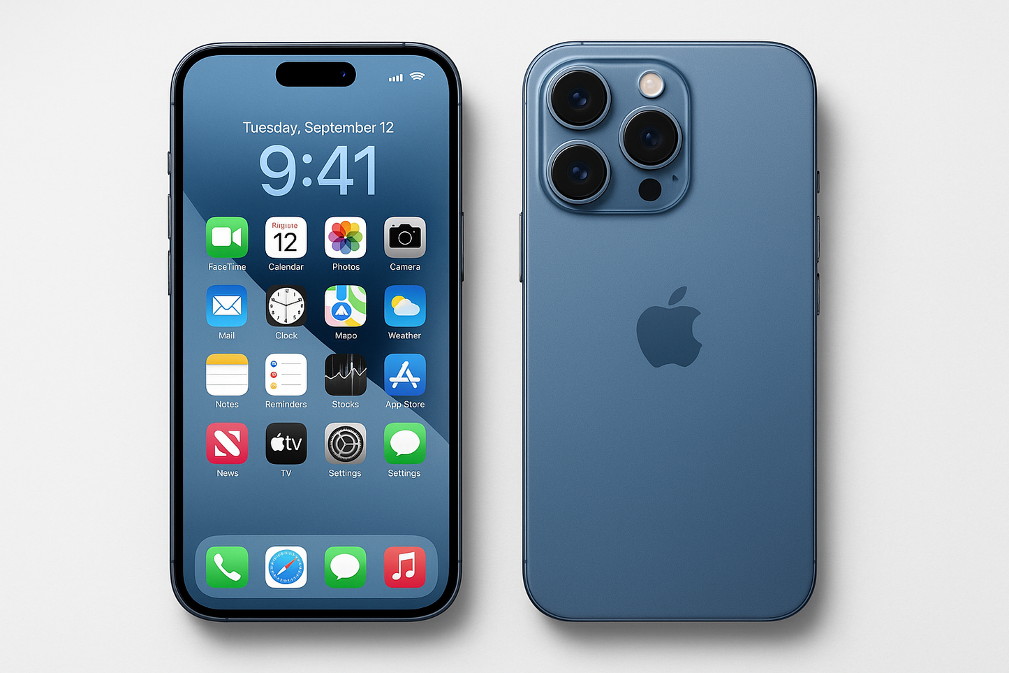 DOS IPHONE 15 PRO CELESTE, UNO QUE SE VEA LA PANTALLA Y EL OTRO EL DORSO