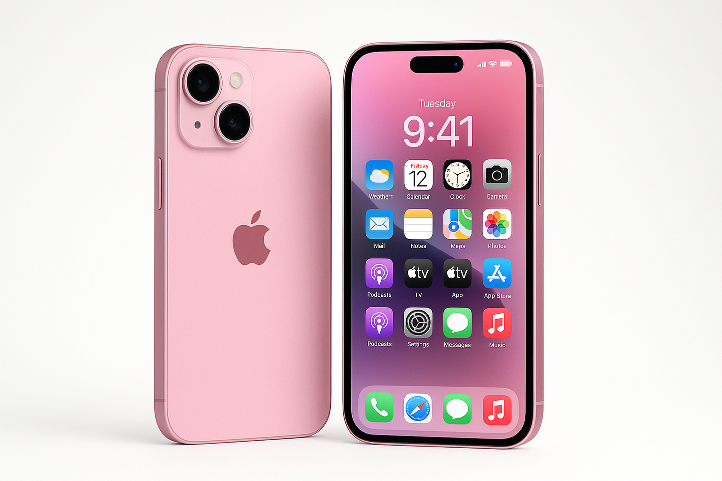 DOS IPHONE 15 ROSA UNO DE FRENTE Y EL OTRO DE ESPALDA