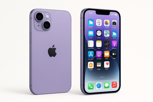 2 IPHONE 14 LILA, UNO QUE SE VEA LA PARTE E ATRAS Y EL OTRO LA PANTALLA 
