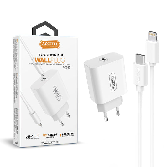 AC623 Cargador Pared Carga Rápida PD 20W - Cable USB-C a Lightning