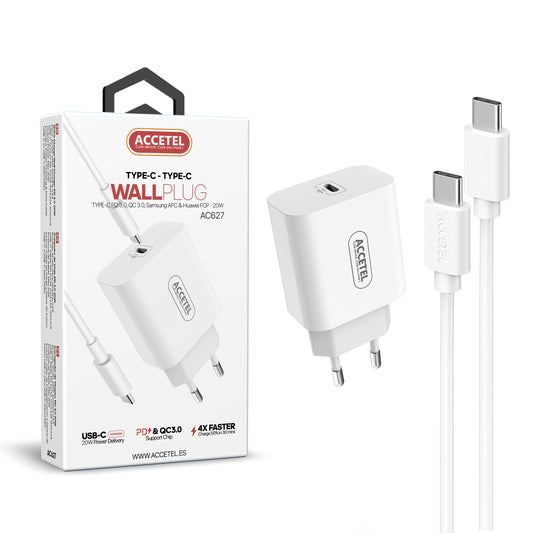 AC627 Cargador Pared Carga Rápida PD 20W - Cable USB-C a USB-C