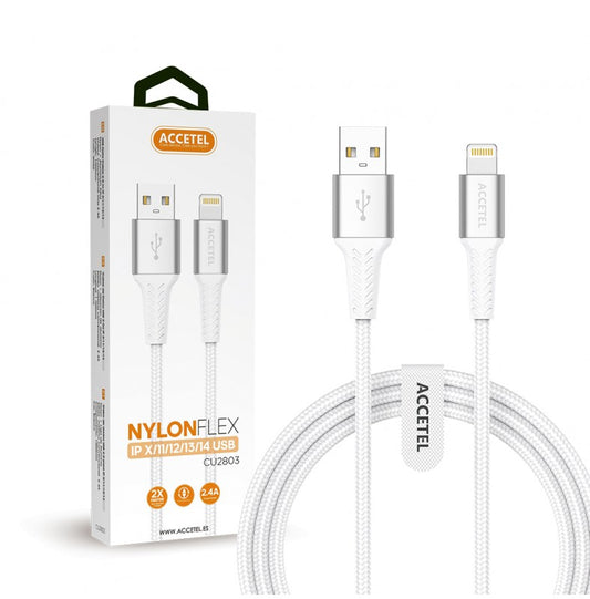 CU2803 Cable Datos Nylon Flex 2.4A - USB a Lightning (1M) Blanco