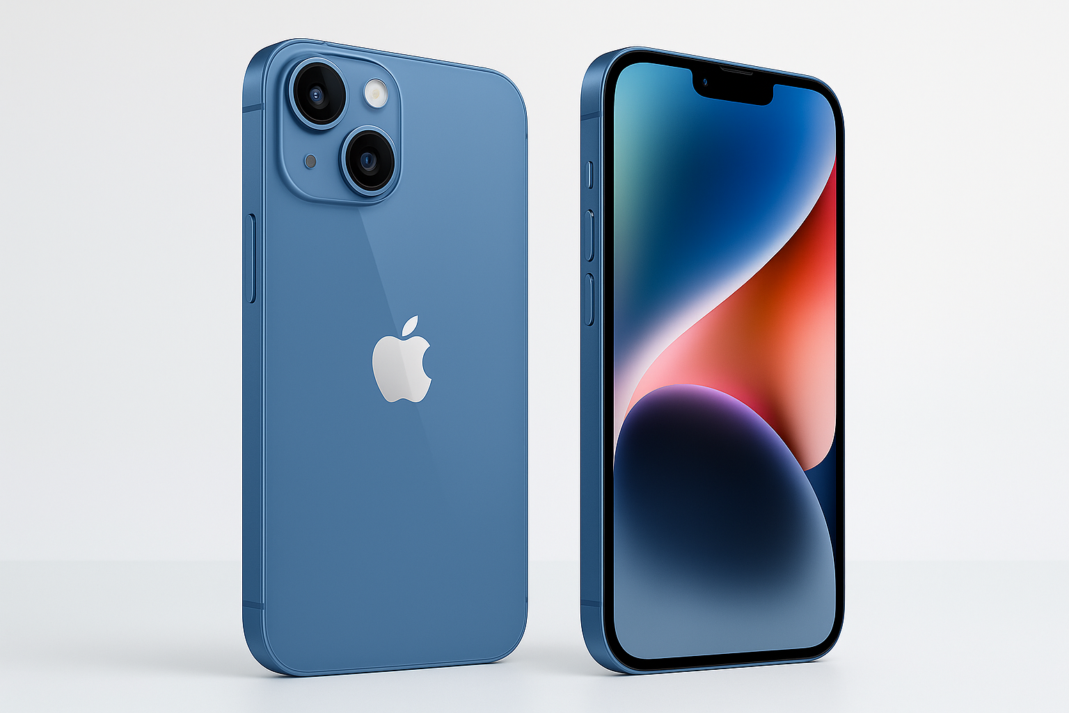 DOS IPHONE 14 AZUL, UNO QUE SE VEA DE ATRAS Y EL OTRO LA PANTALLA