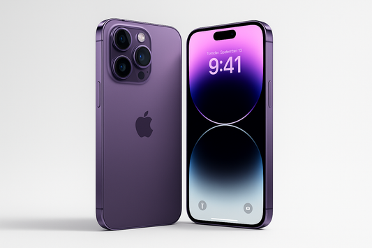 DOS IPHONE 14 PRO MAX LILA, UNO QUE SE VEA LA PARTE DE ATRAS Y EL OTRO LA PANTALLA