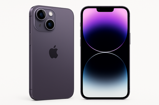 DOS IPHONE 14, UNO QUE SE VEA LA PARTE DE ATRAS Y EL OTRO LA PANTALLA. PUEDES GENERAR VARIAS FOTOS UNA POR CADA VARIANTE DE COLOR, EJEMPLO VERDE, PLATEADO, ROJO, AZUL.