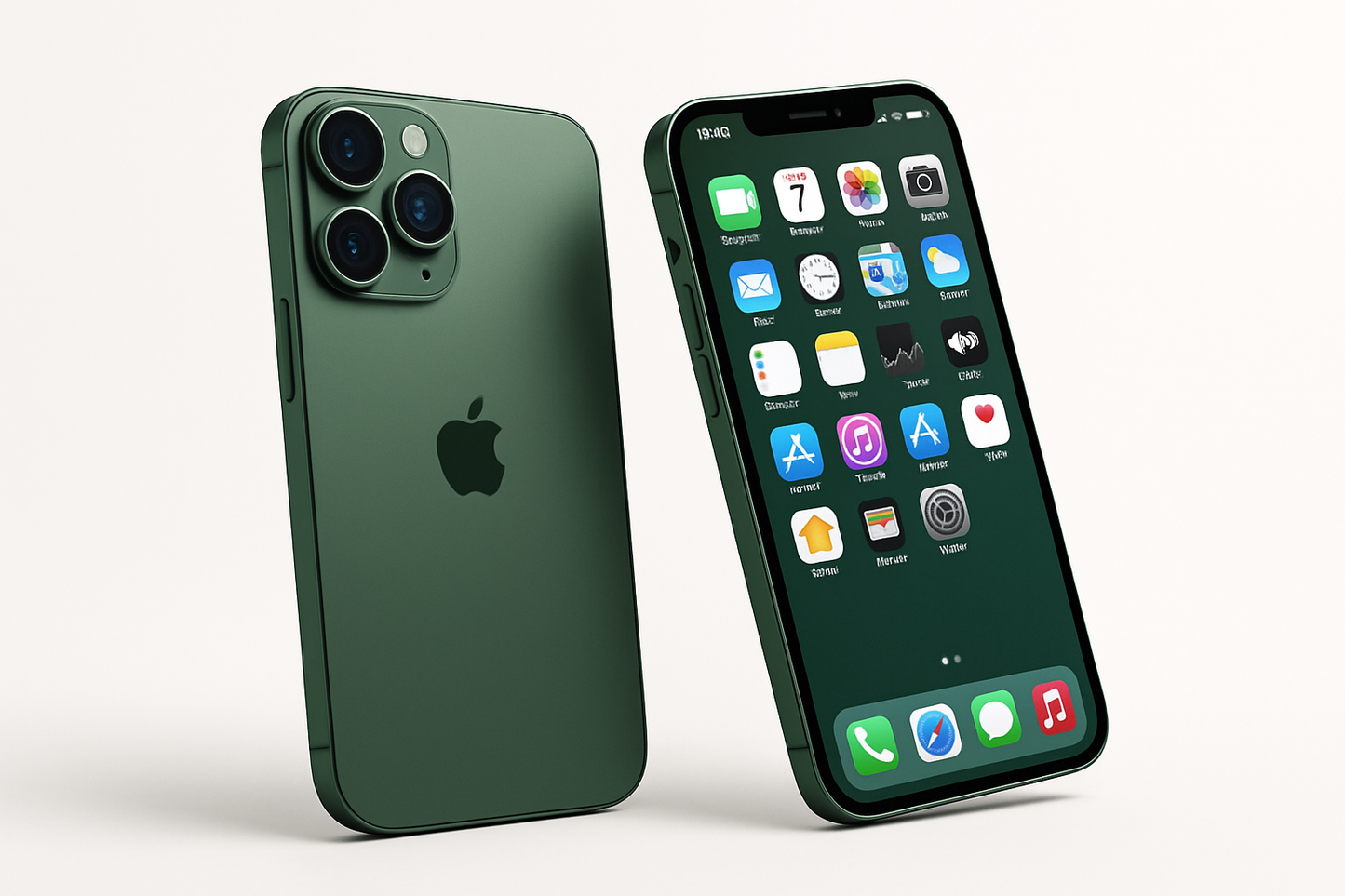 DOS IPHONE 14 VERDE UNO QUE SE VEA LA PARTE DE ATRAS Y EL OTRO LA PANTALLA Y QUE ESTEN MIRANDO HACIA LA IZQUIERDA DE LA PANTALLA