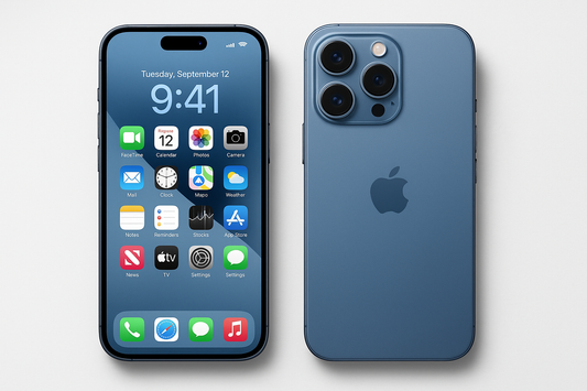 DOS IPHONE 15 PRO CELESTE, UNO QUE SE VEA LA PANTALLA Y EL OTRO EL DORSO